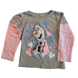 Disney Frozen Long Sleeves Crewneck Cotton Olaf Pink Gray Hearts Top SZ 4T